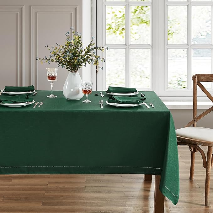 Elrene Home Fashions Alison Eyelet Border Design Wrinkle Resistant Fabric Tablecloth, 52"x52" Square, Forest