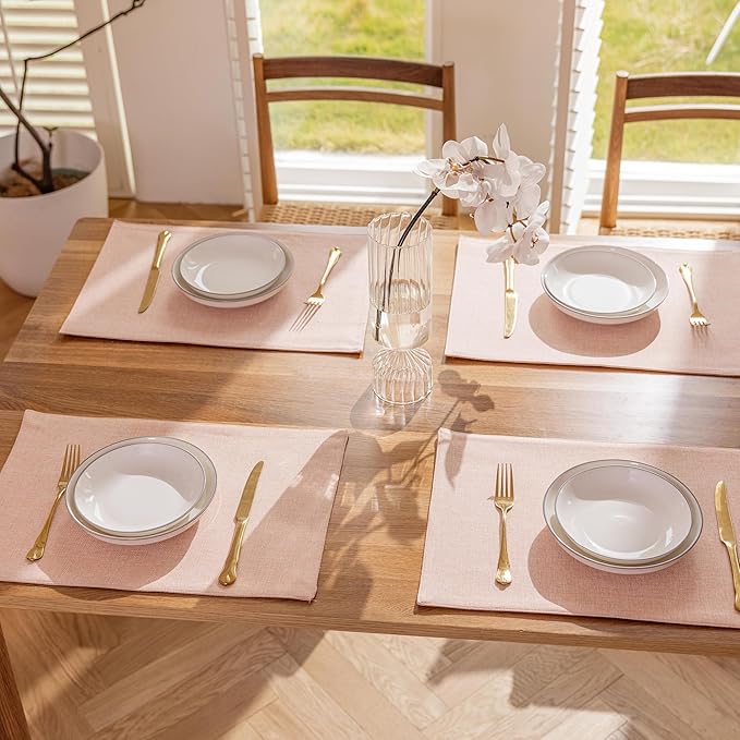 Demetex Pink Placemats Set of 4 Heat Resistant Linen Plate Mats Mothers Day Cloth Place Mats for Dining Tables Restaurants, 13 x 19 inches, Pink