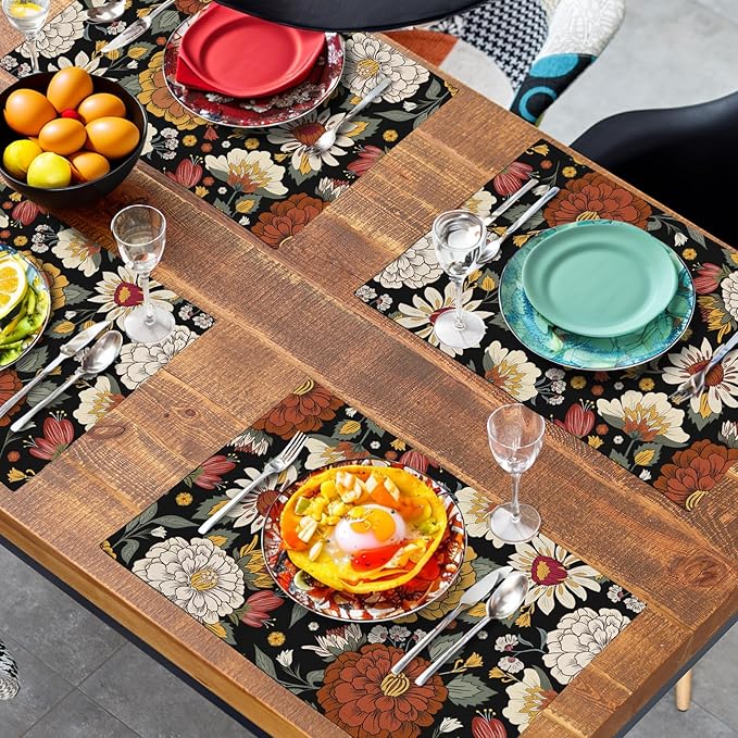 Black Boho Floral Placemats Set of 4 Spring Summer Vintage Flowers Botanical Decorative Table Mats Mid Century Modern Linen Place Mats for Party Kitchen Dining Outdoor Indoor Decor