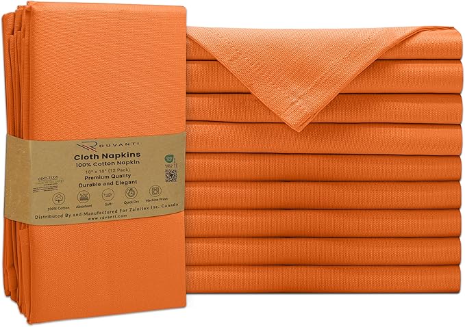 Ruvanti Cloth Napkins Set of 12, 100% Cotton High GSM 18x18 Inches Soft, Washable, Highly Durable & Absorbent, Perfect for Parties, Christmas, Thanksgiving Dinners – Orange Peel