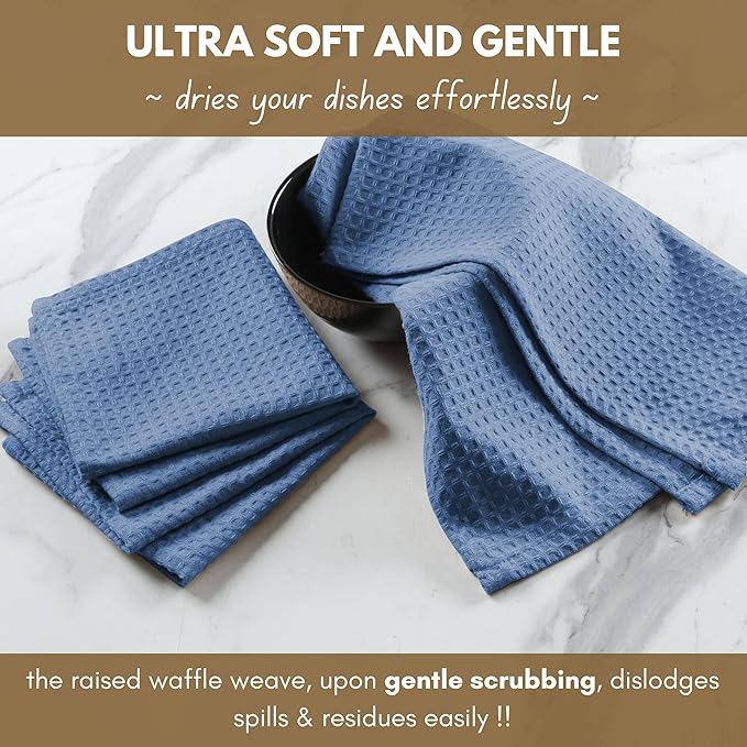 Native Fab 6 Pack Waffle Dish Cloths - 100% Cotton, Absorbent, Fast Dry & Soft Towels for Cleaning, Cooking & Drying Dishes - Perfect for Home, Restaurants, Cafes, Bar, 12x12 inch- Sky Blue