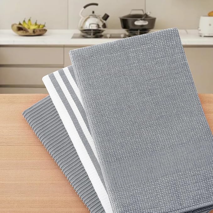 Homaxy Premium Kitchen Towels(18”x 28”, 6 Pack), Large Cotton 380 GSM Kitchen Hand Towels, Soft and Absorbent Terry Dish Towels, Multipurpose Tea Towel Set with Hanging Loop, Grey