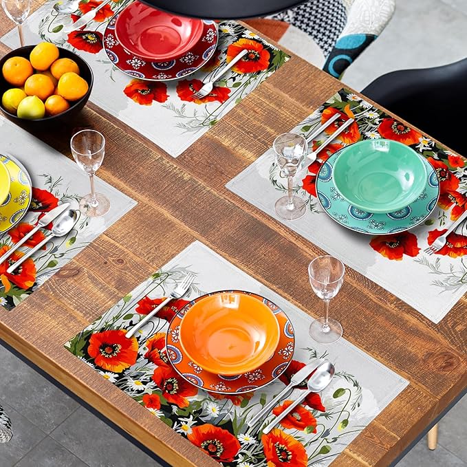 Giwawa Poppy Flowers Placemats Set of 4, 12"x18" Rustic Red Orange Floral Linen Place Mat, Spring Summer Washable Non-Slip Table Mats for Kitchen Dining Party Picnic Indoor Outdoor Decor