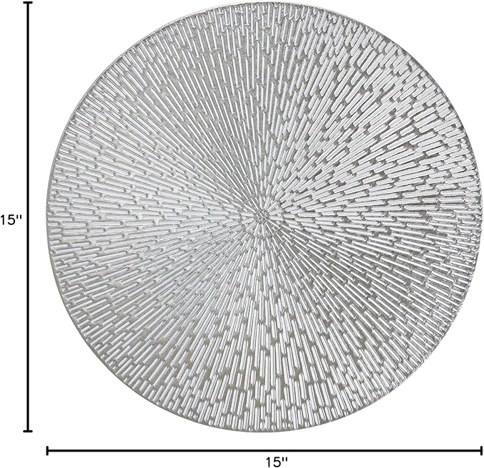 Snowkingdom Silver Round Placemats Set of 6, 15 Inch Metallic Pressed Vinyl Place Mats, Easy Clean Non Slip Heat Resistant Washable PVC Hollow Out Table Mats for Dinner Party Table Decoration