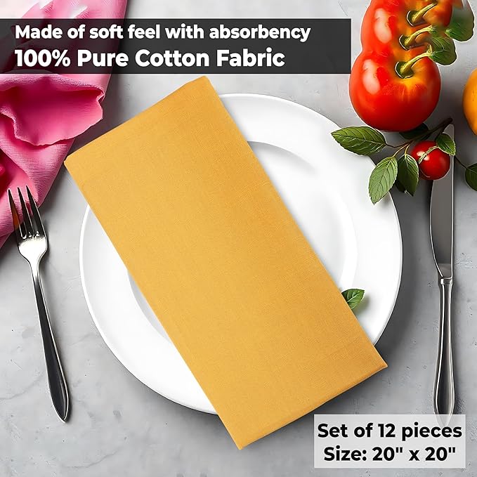 Urban Villa Cloth Napkins Set of 12 (20x20 Inches) 100% Cotton Napkins Cloth Washable Soft Durable Reusable Absorbent Table Dinner Napkins Cloth for Hotel Lunch Restaurant Weddings Parties - Mustard