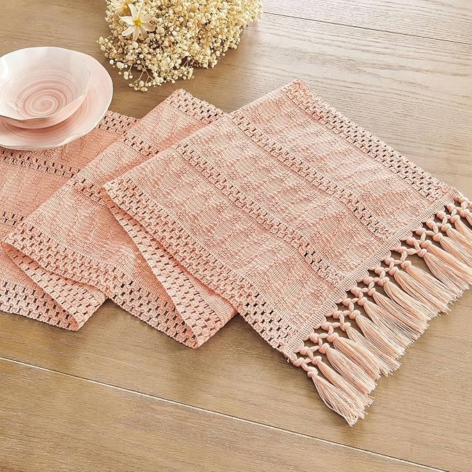 ZeeMart Macrame Style Boho Table Runner, Pink Table Runners 90 Inches Long, Farmhouse Woven Home Decor, 12x90 Inch, Rose Pink