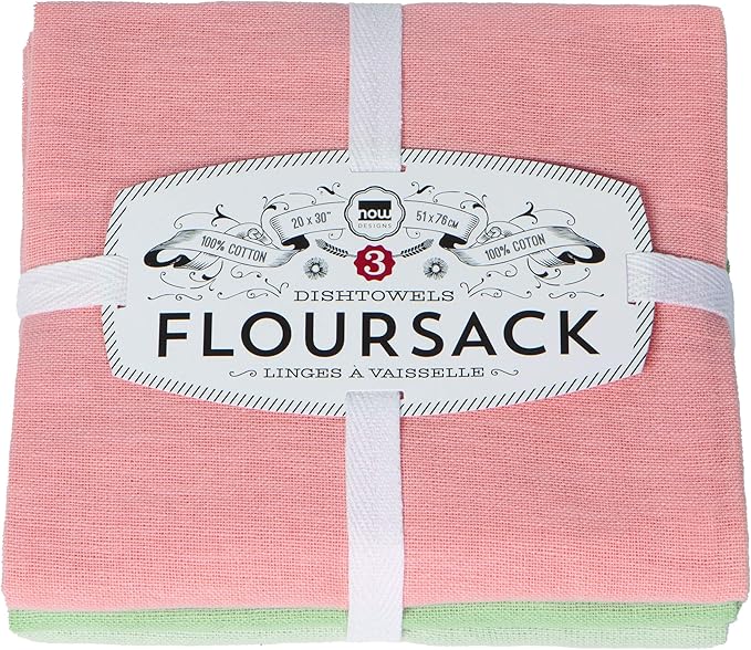Now Designs Floursack Kitchen Towels Quick Dry Cotton Hand Towel Set, 3 Count, Dawn/Eucalyptus/Mist, 20 x 30 in