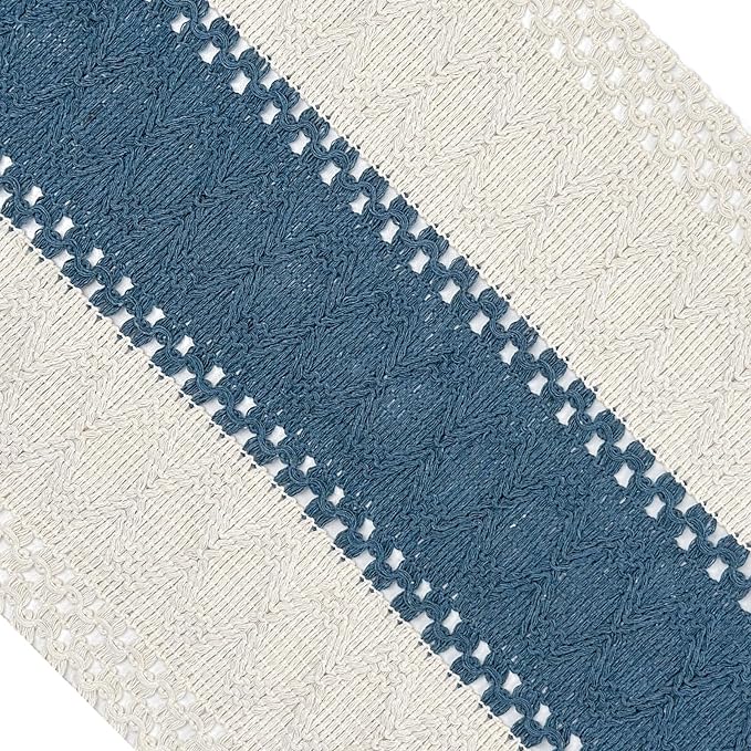Blue Boho Table Runner for Home Decor with Tassels 72 Inches Farmhouse Rustic Table Runner Macrame Burlap Table Decoration for Living Room Bridal Shower(12x72 Inches, Fringe Included)