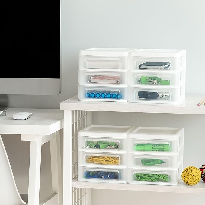 IRIS USA Small 3-Drawer Desktop Organizer, 4 Pack, Stackable, for Office, School, Stationery, Makeup Organizer, Bathroom, Utility, Medical Supplies, Desk Organizer, Versatile Storage, White