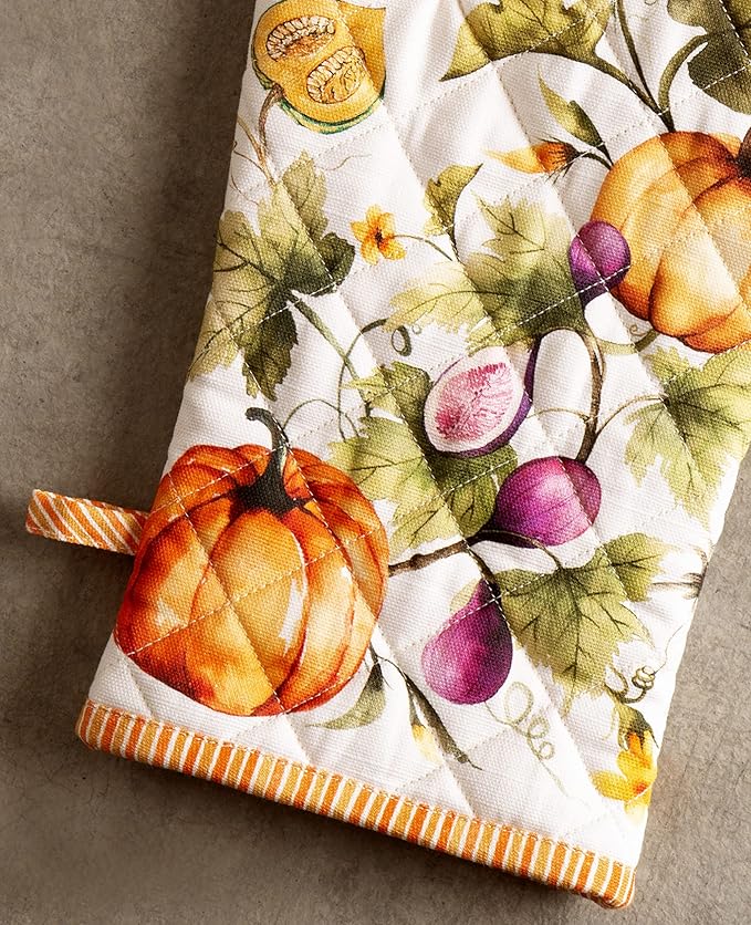 Maison d' Hermine Oven Gloves 100% Cotton Oven Mitt 7" x 13" with Loop Heat Resistant Cooking Gloves for Thanksgiving Christmas Decorations Handling Hot Pans (Pack of 1, Pumpkin Garden - Cloudy Cream)