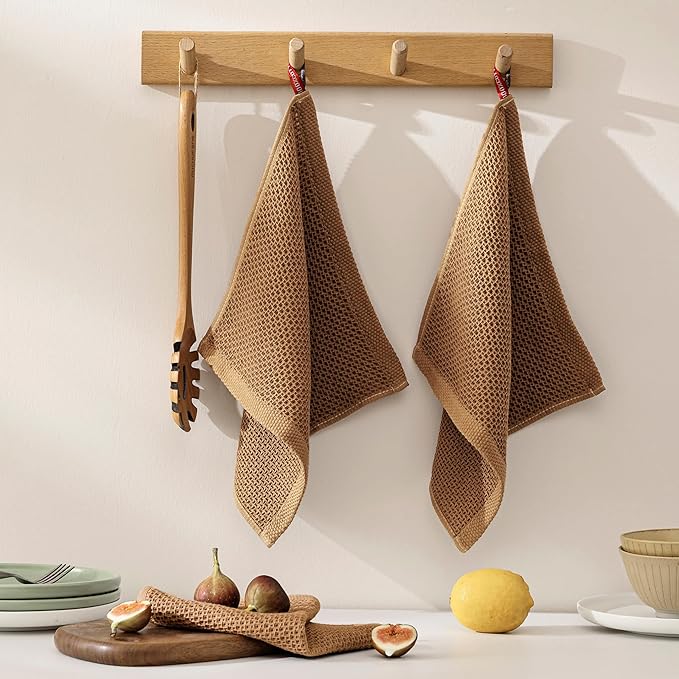 joybest Cotton Kitchen Dish Cloths, 8-Pack Waffle Weave Ultra Soft Absorbent Dish Towels Washcloths Quick Drying Dish Rags, 12x12 Inches, Beige and Brown