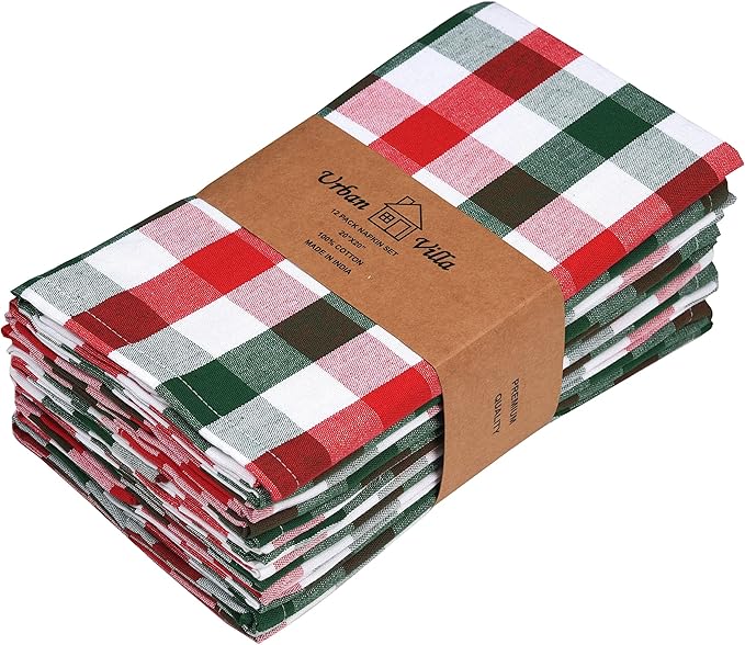 Urban Villa Cloth Napkins Set of 12 20x20 Inches 100% Cotton Napkins Cloth Washable Durable Reusable Absorbent Table Dinner Napkins Cloth for Christmas Hotel Lunch Restaurant Parties -X MAS Checks