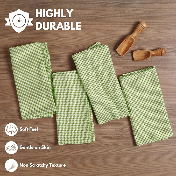 Mint Green Cloth Napkins 4 Pack, 18x18 Inches, 100% Cotton, Houndstooth Check Pattern, Soft, Washable Table Linen for Easter Brunch, Spring Wedding, Family Dining, Party Décor