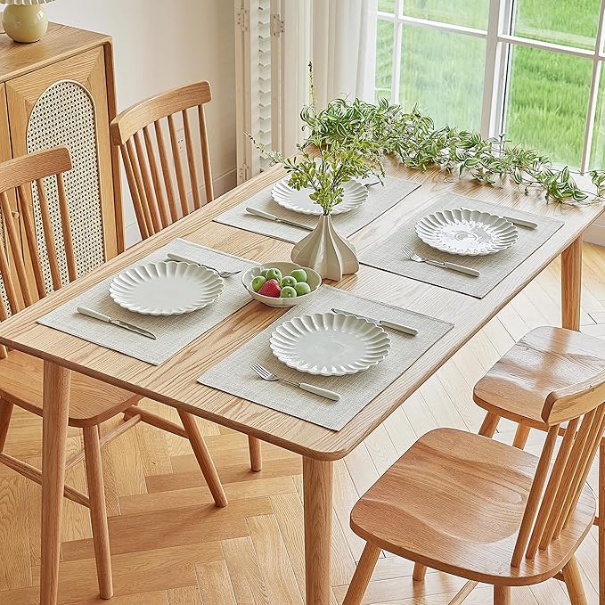 Softalker Faux Linen Placemats Set of 6-12 x 18 Inch, Heat Resistant Double Layered Durable Burlap Farmhouse Place Mats, Non-Slip Washable Rustic Table Mats for Dining, Kitchen, Party(Cream