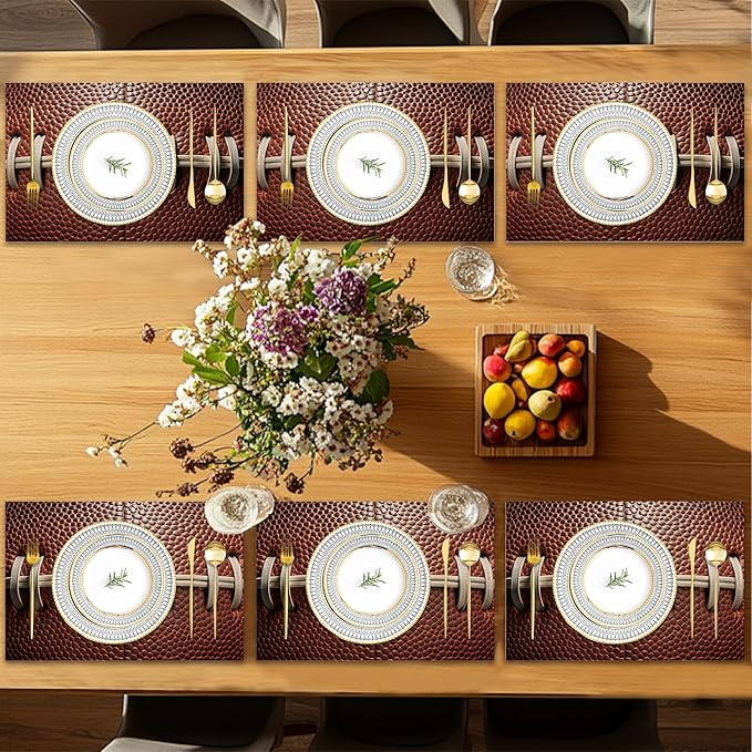 Football Texture Placemats Set of 6,Laces Stripes Placemats Washable Kitchen Dining Linen Table Mats Stain Heat-Resistant for Home Party Indoor 12x18 inch