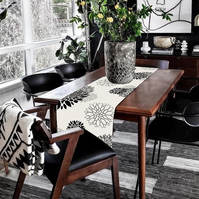 Black Gray Table Runner Dahlia Pinnata Flower Beige Table Runners Modern Elegant Pompon Farmhouse Geometric Coffee Table Center Decor for Home Kitchen Dining Party 13 x 72 Inch