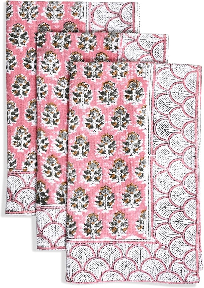 CPC Poppy Pink Hand Block Print Waffle Kitchen Towel Set of 3-16 x 28 Inch Ultra Absorbent Quick Dry Cotton Dish Towels Lightweight Reusable Sustainable Tea Towels for Cleaning and Drying