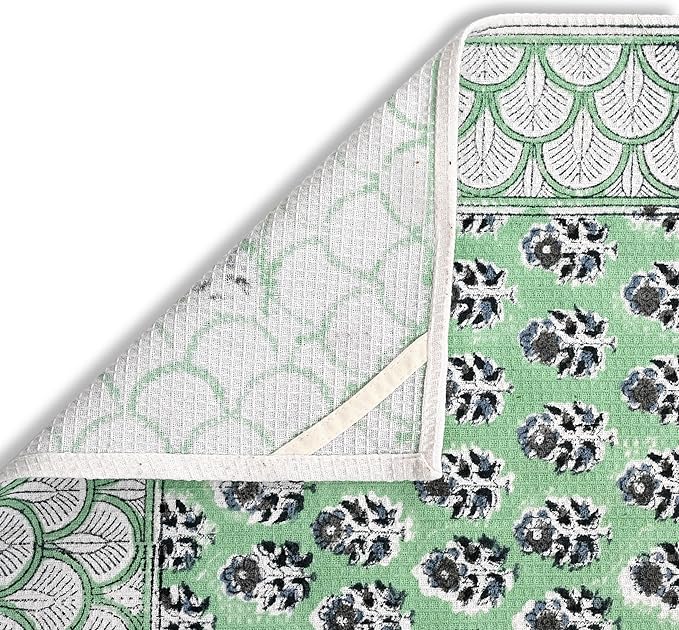 CPC Poppy Blue Hand Block Print Waffle Kitchen Towel Set of 3-16 x 28 Inch Ultra Absorbent Quick Dry Cotton Dish Towels Lightweight Reusable Sustainable Tea Towels for Cleaning and Drying