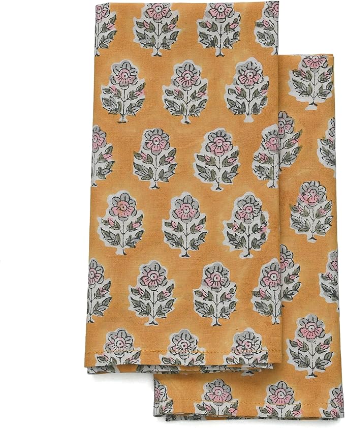 CPC Cloth Napkins 100% Cotton Set of 4 Reusable Napkins, Indian Block Print Toile Floral Dinner Napkin, Fall Thanksgiving Christmas Holiday Party Gift - Soft Absorbent Napkin, 18"x18" Yellow Citrine