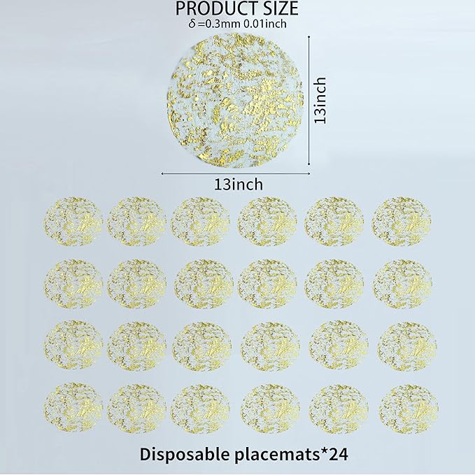 Snowkingdom Gold Placemats Set of 24 Round 13 Inch Foil Mesh Pressed Fall Disposable Table Mates 24 Pack Gold Doilies for Dining Table Wedding Birthday Party Holiday Home Decoration