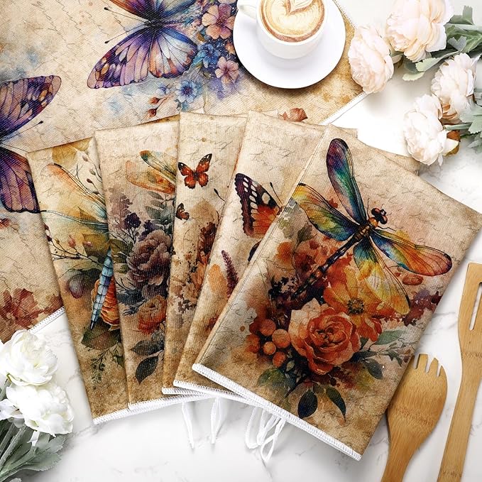 Bencailor 6 Pcs Butterfly Flower Kitchen Towels Decorative Sets Dish Towels Absorbent Fast Drying Hand Tea Vintage Hanging Reusable Cleaning Dishcloths for Cooking Farmhouse Bathroom Accessory