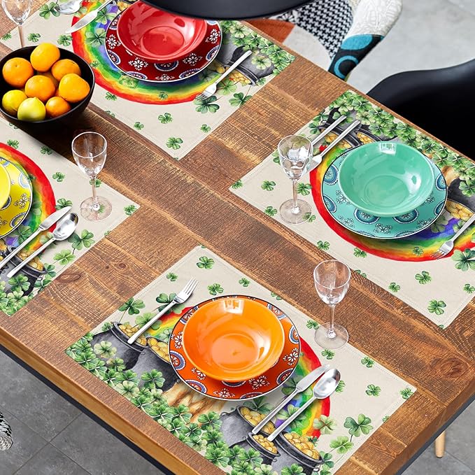 Animal Placemats Set of 4 Lucky Dog St Patrick Linen Table Mats for Kitchen Dining Decor