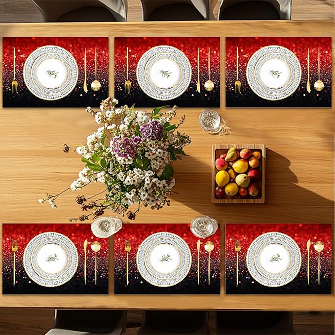 Placemats12x18 Inch,Red Black Gradienr Placemats,Glitter Kitchen Dining Coffee Table Mats Set of 6 for Home Indoor Outdoor Party