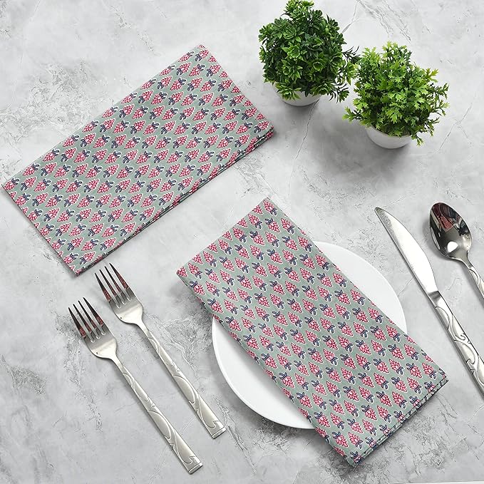 CPC Grey Teal Indian Block Print Cotton Cloth Napkins Set of 4, 18x18 Reusable Everyday Napkins, Soft, Absorbent, Floral Dinner Napkin, Holiday, Party Gift, Spring,Mother's Day
