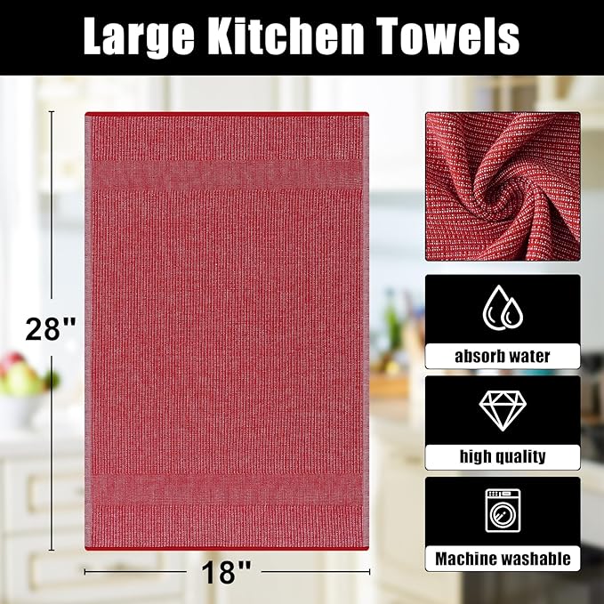 Homaxy Premium Kitchen Towels(18”x 28”, 8 Pack), Large Cotton Kitchen Hand Towels, Flat and Terry Dish Towels, 380 GSM Highly Absorbent Tea Towel Set with Hanging Loop, Red