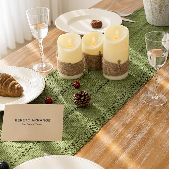 Keketoarrange Boho Sage Green Table Runner for Spring Home Decorations 12x48 Inches Farmhouse Small Macrame Woven Burlap Rustic Coffee Dresser Table Runner Dining Kitchen Centerpiece Bohemian Decor