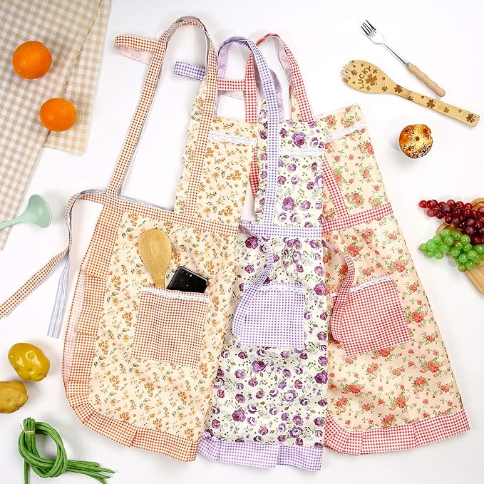 Syhood 3 Pieces Women Floral Aprons with Pockets Vintage Flower Kitchen Cooking Aprons with Adjustable Strap Cute Apron for Kitchen Baking Gardening Household Cleaning Gift Supplies