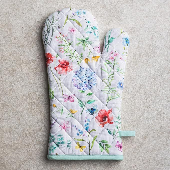 Maison d'Hermine Oven Gloves 100% Cotton Oven Mitt 7" x 13" with Loop Heat Resistant BBQ Cooking Gloves Baking Grilling Gifts for Mothers Day Spring/Summer (Pack of 1, Just Floral)