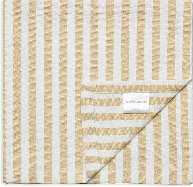 PurpleEssences Plain Striped Cloth Napkins - Set of 12-100% Cotton - 18 x 18 Inch - Spring Easter Summer and Perfect Everyday Use Dinner Napkin - Beige and White