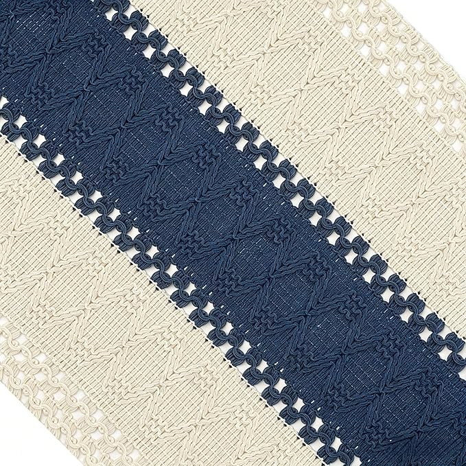 Boho Table Runner for Home Decor with Tassels 72 Inches Long Farmhouse Rustic Navy Blue Table Runner Macrame Burlap Table Decoration for Living Room Bridal Shower(12x72in)