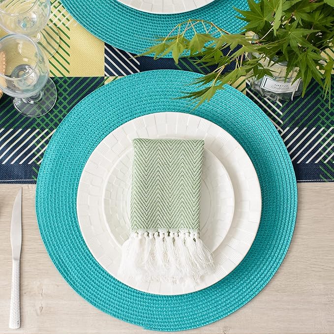 AHHFSMEI Round Placemats Set of 6 Heat Resistant Washable Non-Slip Woven Braided Table Mats for Dining Table Kitchen & Home Decor (Turquoise)
