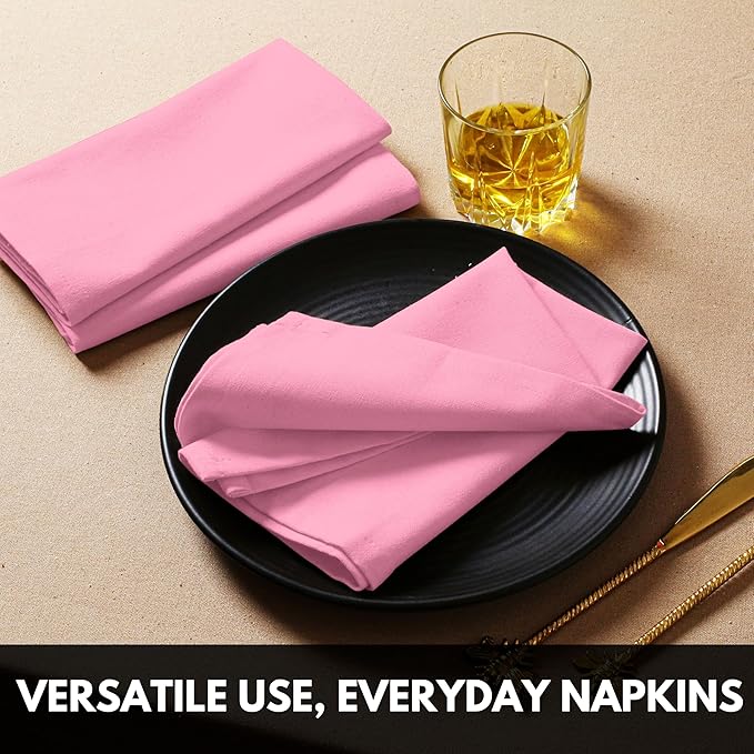 Pink Dinner Napkins 100% Cotton 17 Inch x 17 Inch, Soft, Decorative, Washable Cloth Napkin Set of 12 for Dining, Buffet Parties, Weddings, Spring Holidays, Easter - Pastel Pink