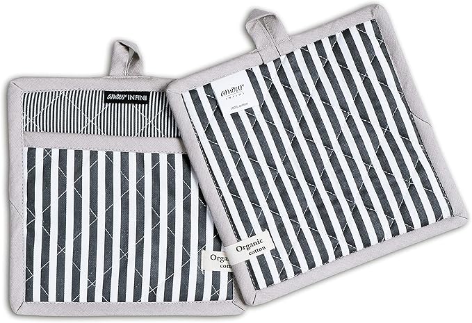 AMOUR INFINI Striped Pot Holders and Oven Mitts Heat Resistant Non Slip Reusable Set of 1 Oven Mitt and 1 Pot Holder Oven Gloves Pot Holder for Cooking (Charcoal)