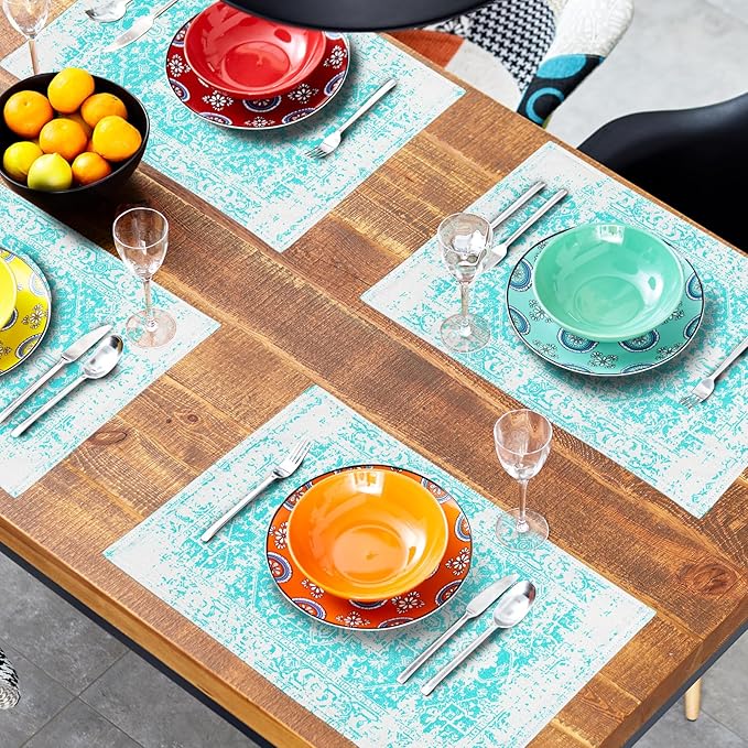 aportt Gray Aqua Turquoise Boho Placemats Set of 6 Ethnic Bohemian Carpet Place Mats Washable Kitchen Dining Vintage Grey Floral Linen Table Mats Stain Heat-Resistant for Home Party Indoor 12x18 in