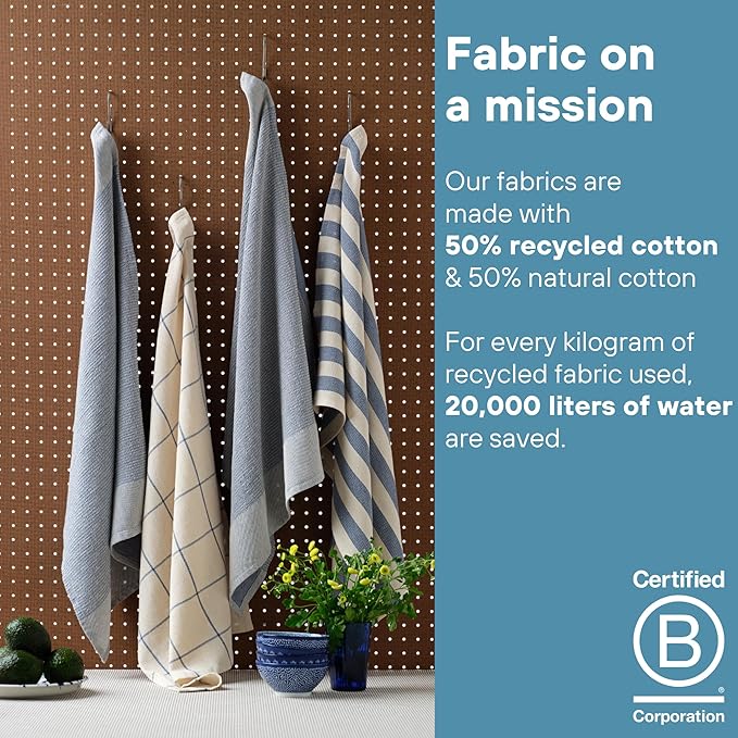 MEEMA Upcycled Spring Kitchen Towels Cotton Fabric | Super Absorbent Hand Towels with Hanging Loop | Cleaning Rags and Dish Towels for Kitchen | Blue Stripes | Large 18 x 28 Inch | 4-Pack
