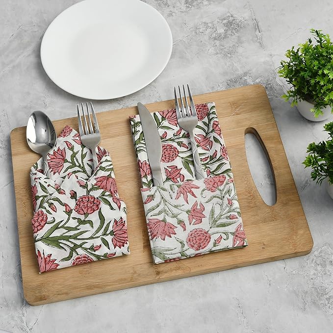 CPC Red Garnet Indian Block Print Cotton Cloth Napkins Set of 4, 18x18 Reusable Everyday Napkins, Soft, Absorbent, Floral Dinner Napkin, Holiday, Party Gift, Spring,Mother's Day