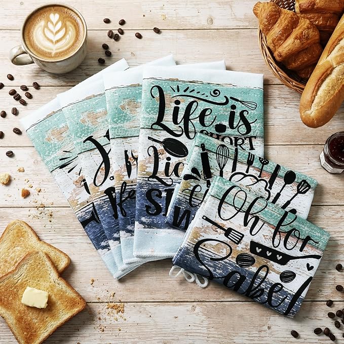 Bencailor 6 Pcs Mint Kitchen Towels Decorative Sets Dish Towels Absorbent Fast Drying Hand Tea Vintage Hanging Reusable Cleaning Dishcloths for Cooking Farmhouse Bathroom Accessory