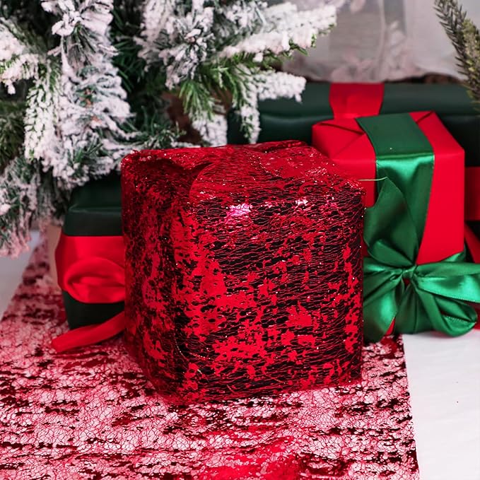 Snowkingdom Red Sparkly Table Runner Sequin Glitter Metallic Foil Mesh Runner 11 Inch x 100 Feet Romantic Wedding Reception Anniversary Birthday Party Bridal Shower Mother's Day Table Decoration