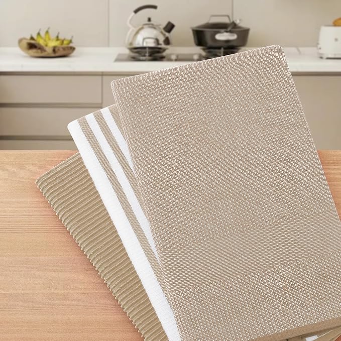 Homaxy Premium Kitchen Towels(18”x 28”, 12 Pack), Large Cotton 380 GSM Kitchen Hand Towels, Soft and Absorbent Terry Dish Towels, Multipurpose Tea Towel Set with Hanging Loop, Khaki