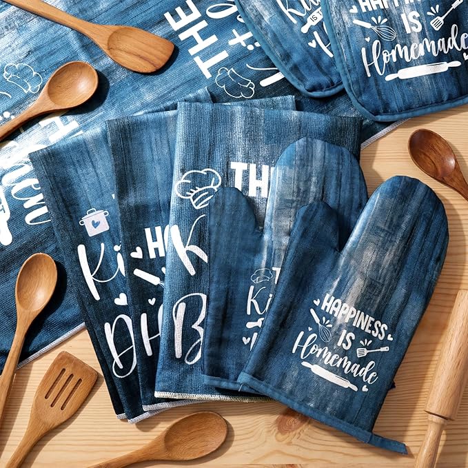 Fourluoo 8 Pcs Blue Kitchen Towels and Dishcloths Sets Oven Mitts and Pot Holders Sets Absorbent Kitchen Gloves Potholders Heat Resistant for Chef Baking Cooking