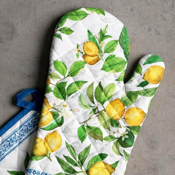 Maison d' Hermine 100% Cotton Oven Mitt & Pot Holder Set (7.5"x13" & 8"x8") Heat Resistant BBQ Cooking Gloves with Loop Baking Grilling Kitchen Gifts for Mothers Day Spring/Summer (Cedrat)