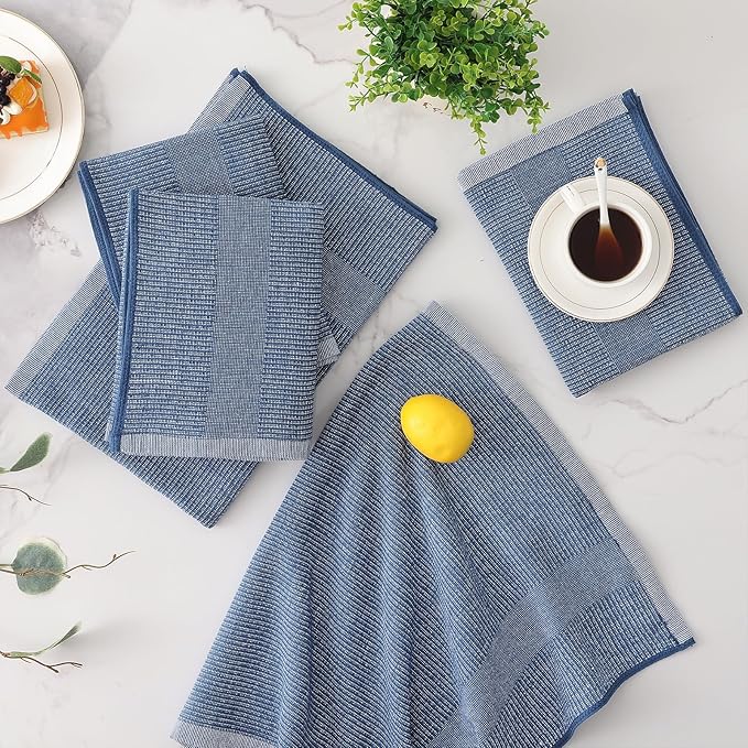 Mordimy Premium Kitchen Towels 8 Pack (18 x 28 Inches, Navy Blue), Large Cotton Kitchen Hand Towel, Flat & Terry Dish Towels for Drying Dishes, Super Absorbent Tea Dishtowels Set with Hanging Loop