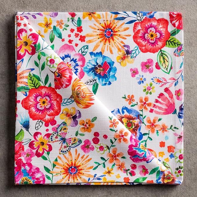 Maison d' Hermine Cloth Napkins Set of 4 100% Cotton Everyday Reusable Square Napkins Cloth Washable Dinner Wedding Gifts for Mothers Day Spring/Summer (Happy Florals - High Summer, 20" x 20")