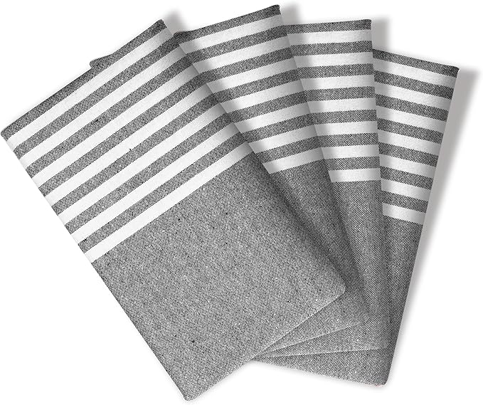 Cloth Napkins 18x18 Inches - Striped Design, 100% Cotton, Reusable & Durable Fabric Napkins for Dining, Everyday Meals, Events, Parties - Machine Washable, Set of 4, Black