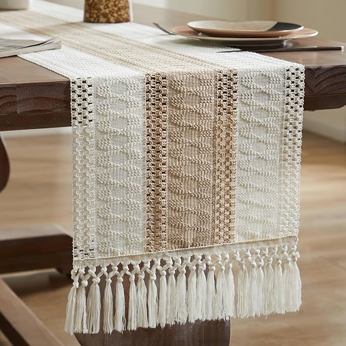 ZeeMart Macrame Style Bicolor Stitching Table Runner, 14 x 36 Inch Taupe/Ivory, Boho Beige Table Runners 36 Inches Long, Farmhouse Woven Home Decor