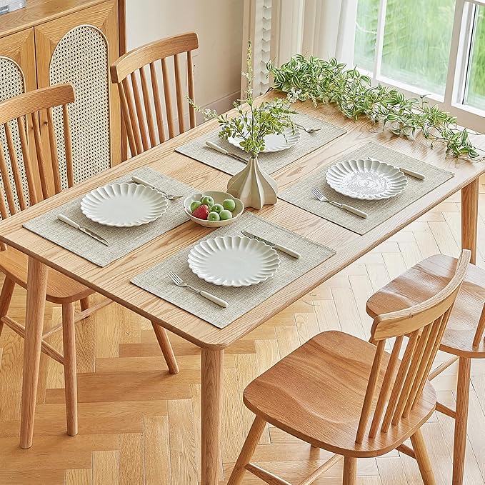Softalker Faux Linen Placemats Set of 12-12 x 18 Inch, Heat Resistant Double Layered Durable Burlap Farmhouse Place Mats, Non-Slip Washable Rustic Table Mats for Dining, Kitchen, Party(Beige